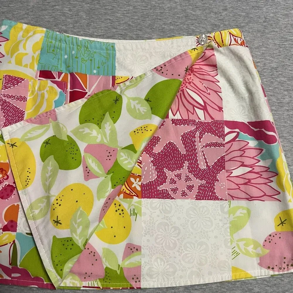 Lilly Pulitzer Wrap Skirt‎ Womens 4 Pink Reversible Patchwork Lemon Lime Vintage